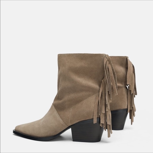 Zara Taupe Gray Suede Leather Fringe Ankle Boots - Picture 2 of 8
